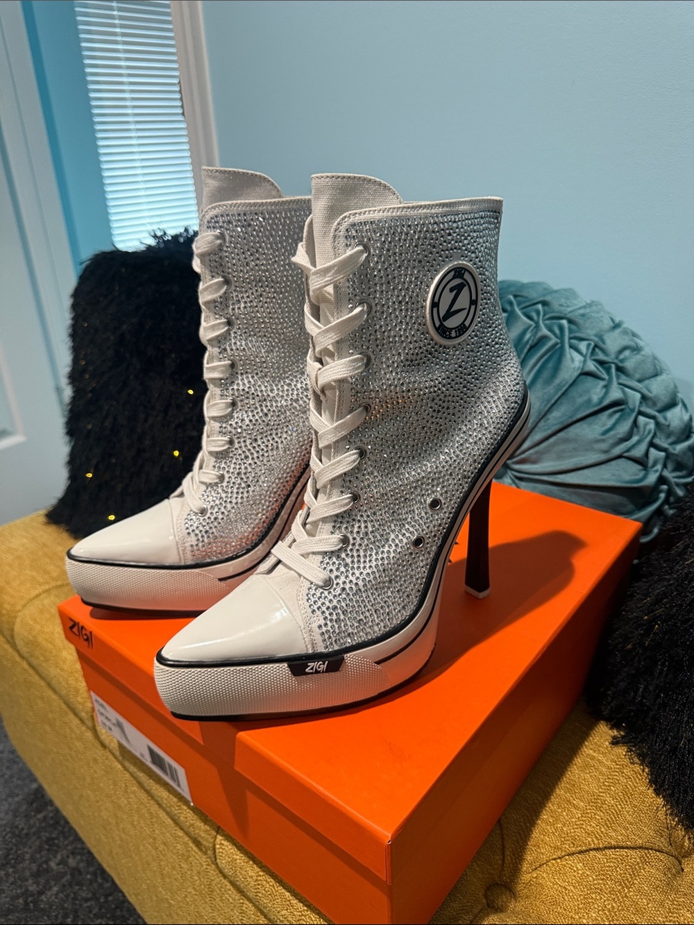 Zigi Soho White/Silver Crystal Lace-Up High-Heel Sneakers